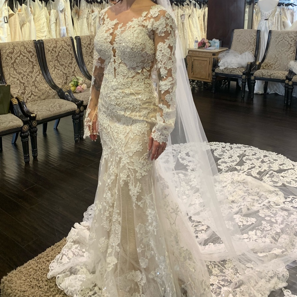 I am selling this beautiful wedding dress and the veil. Never worn! Nor used